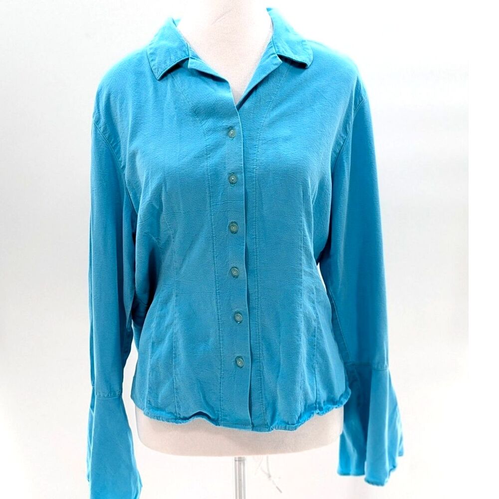 J. Marco Blue Vintage Bell Sleeve Faux Suede Button Up Blouse Size Medium